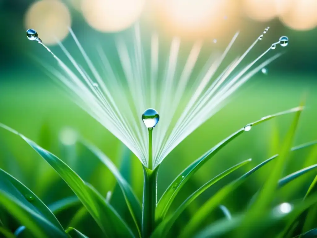 Detalles de un sistema de riego preciso liberando finas gotas de agua sobre un campo verde, destacando la gestión del agua sostenible inteligente