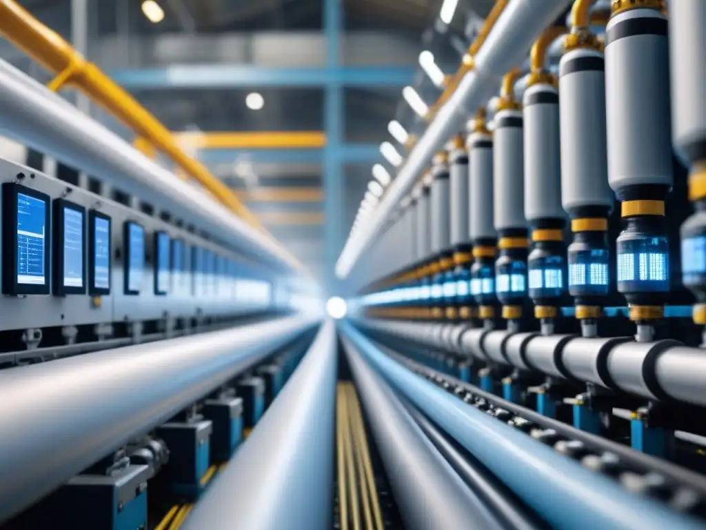 Sensor IoT de alta tecnología en red de tuberías de fábrica moderna Detalles sofisticados de un sistema de sensores IoT en fábrica futurista