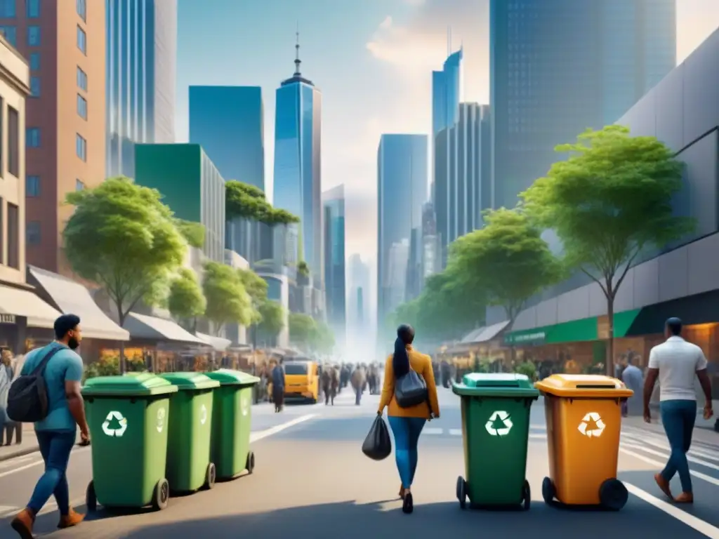 Un día vibrante en la ciudad: personas separando plásticos en contenedores
