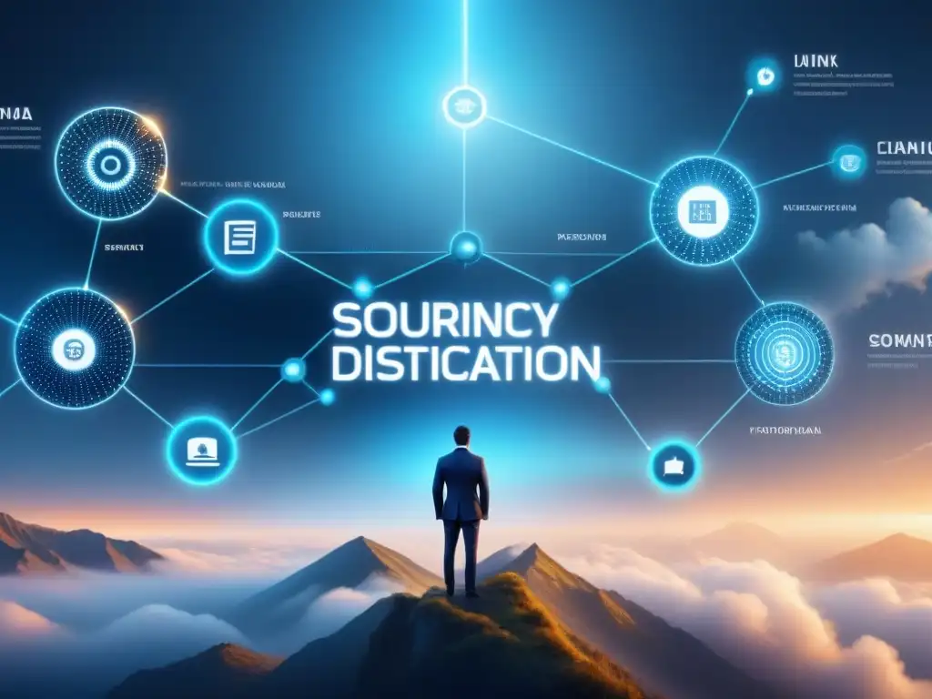 Diagrama de cadena de suministro moderno con Blockchain en tonos azules y grises, detallado y sofisticado