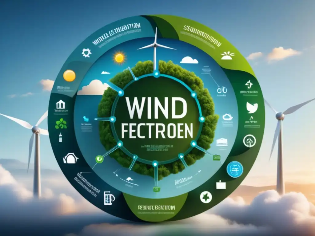 Un diagrama circular detallado que muestra los beneficios de economía circular con energías renovables y métodos sostenibles entrelazados