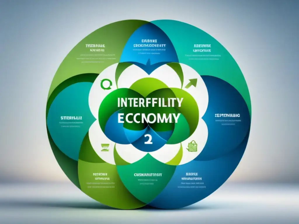 Un diagrama circular elegante y simétrico en tonos de azul y verde, que representa un modelo de negocio circular sostenible