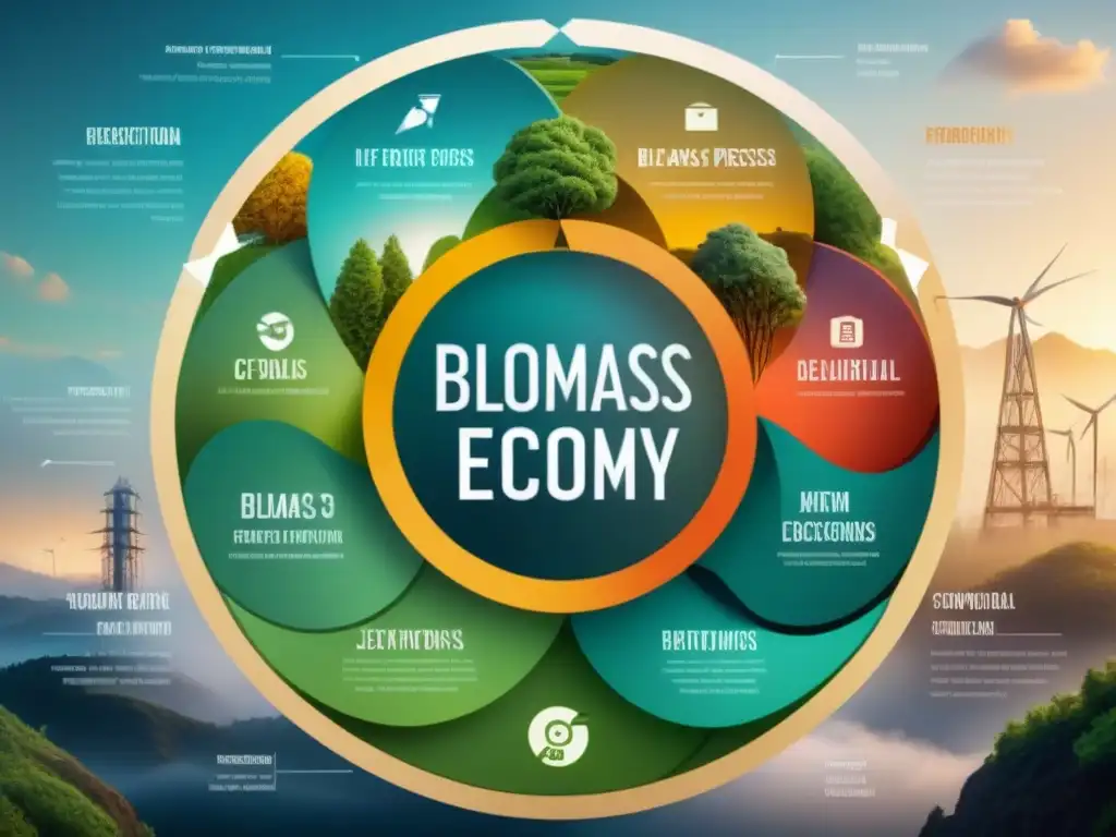 Diagrama detallado de economía circular con flujo de biomasa en distintas industrias