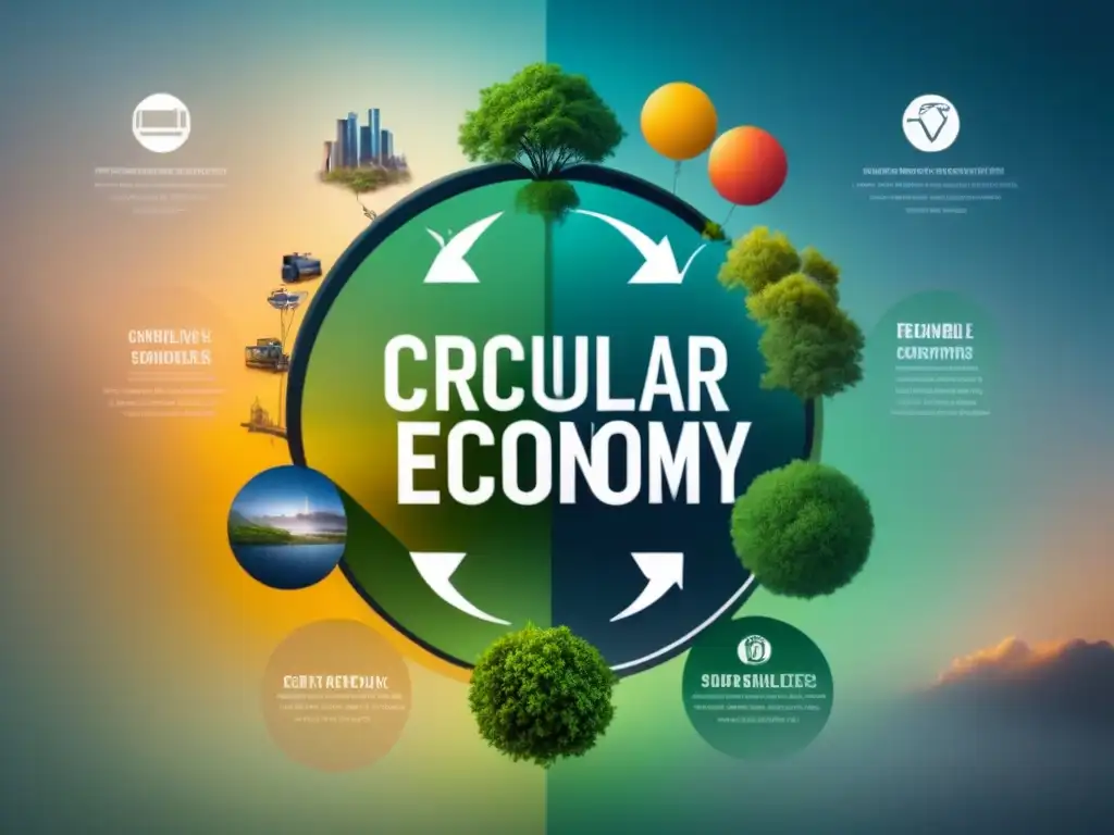 Diagrama de economía circular: reciclaje, energía renovable, gestión eficiente de recursos, reducción de residuos