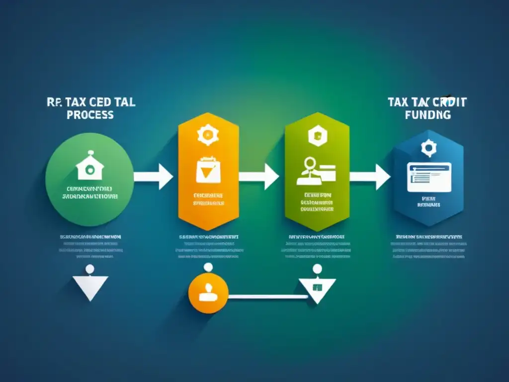 Un diagrama elegante del proceso de crédito fiscal por I+D, con íconos interconectados de investigación, desarrollo, innovación y financiamiento