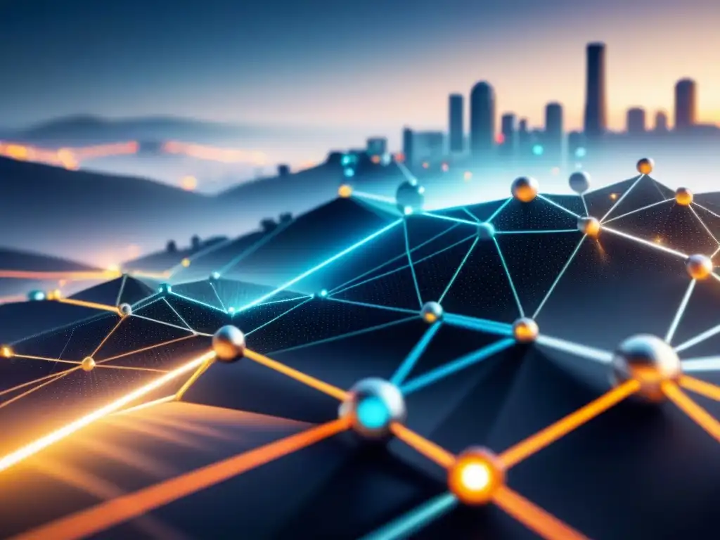 Un diagrama industrial futurista y detallado, mostrando nodos interconectados con datos fluidos