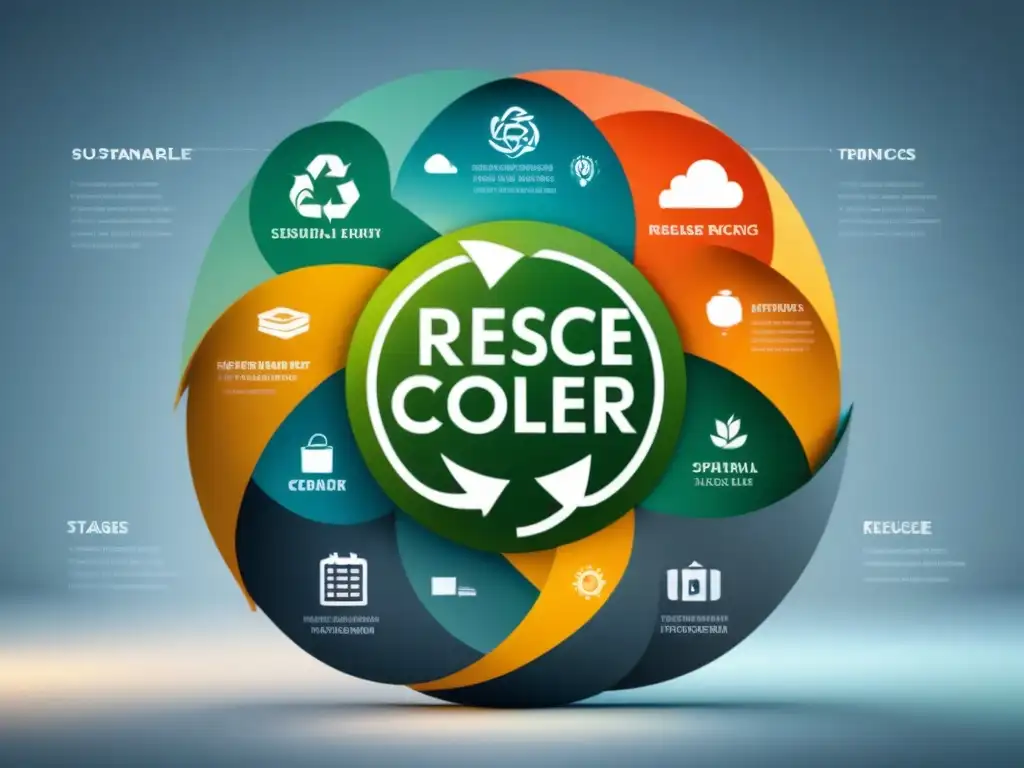 Diagrama minimalista de economía circular con iconos de reducir, reutilizar, reciclar y recuperar