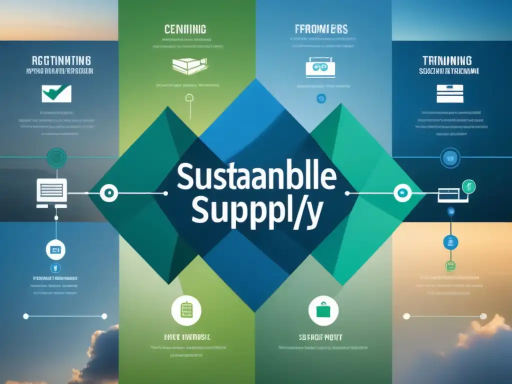 Un diagrama moderno de red de cadena de suministro, en tonos de azul y verde, que simboliza eficiencia y sostenibilidad