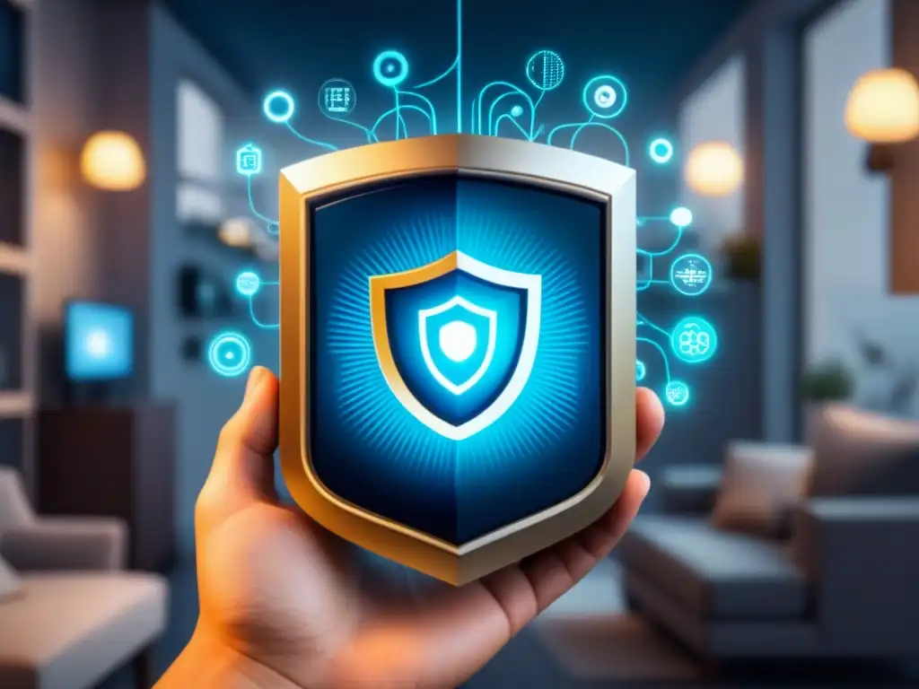 Ilustración digital detallada de dispositivos IoT conectados, protegidos por un escudo