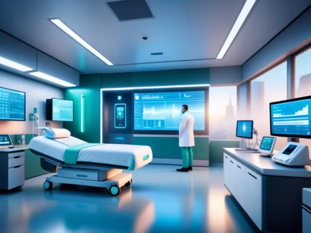 Habitación hospitalaria futurista con tecnología IIoT avanzada Transformación digital mediante IIoT: Imagen de una sala hospitalaria moderna con tecnología avanzada y diseño minimalista