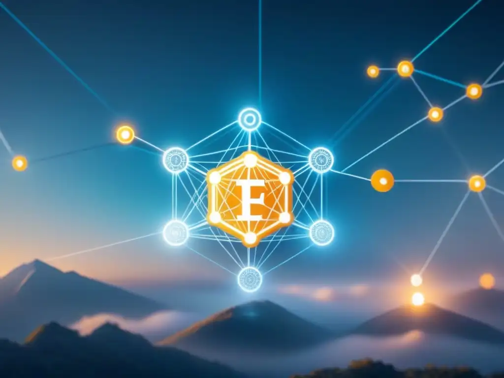 Red de logística unificada con tecnología blockchain Ilustración digital minimalista de red interconectada, simbolizando la interoperabilidad en cadena de suministro con blockchain
