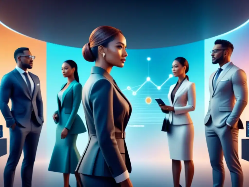 Una ilustración digital moderna de profesionales colaborando en pantalla virtual con Análisis de clientes con IA