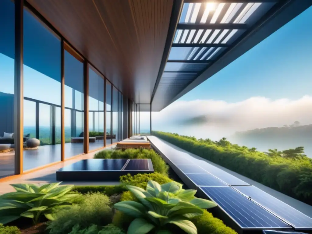 Diseño arquitectónico futurista con paneles solares integrados, rodeado de naturaleza y bajo cielo azul