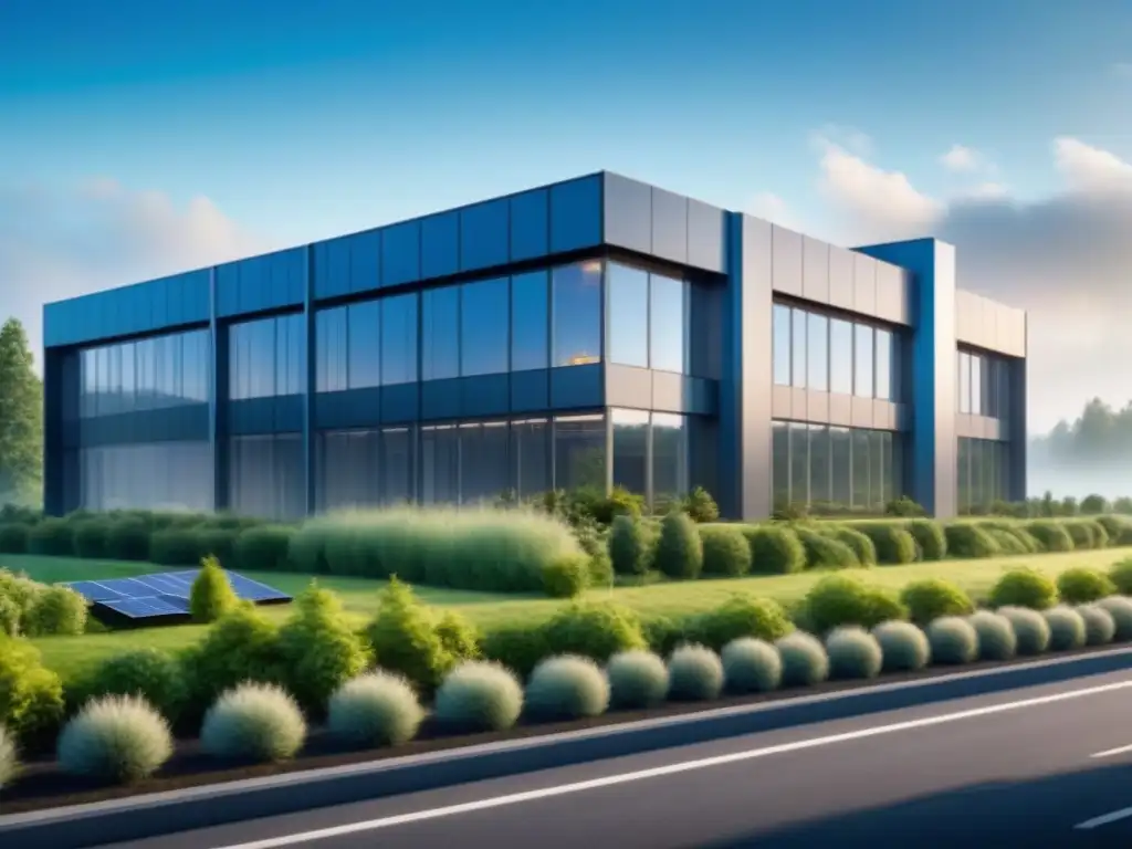 Diseño bioclimático en fábrica ecológica: armonía entre arquitectura industrial y naturaleza en paisaje verde y minimalista