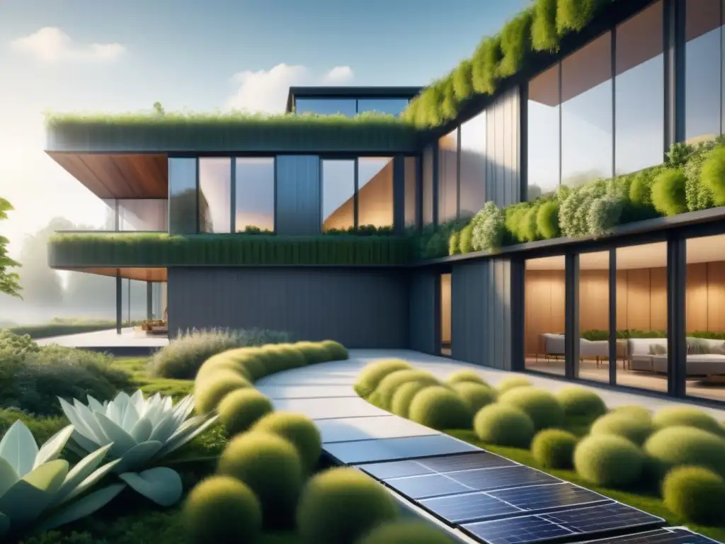 Diseño bioclimático en arquitectura industrial: Edificio moderno integrado en paisaje verde, con paneles solares y techos verdes