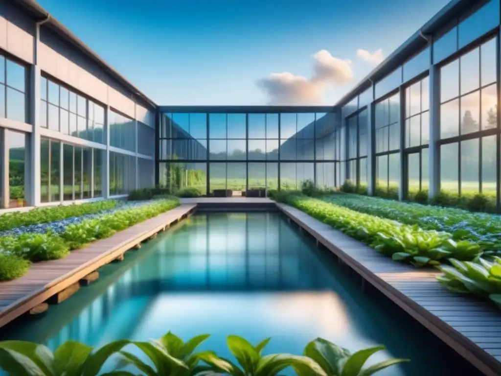 Diseño bioclimático en fábrica ecológica integrada en paisaje verde, con paneles solares y ventanales