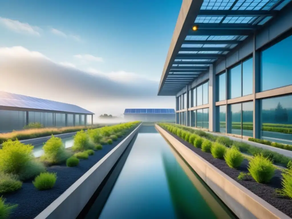 Diseño bioclimático en fábrica ecológica rodeada de naturaleza, con paneles solares y tejados verdes bajo cielo azul