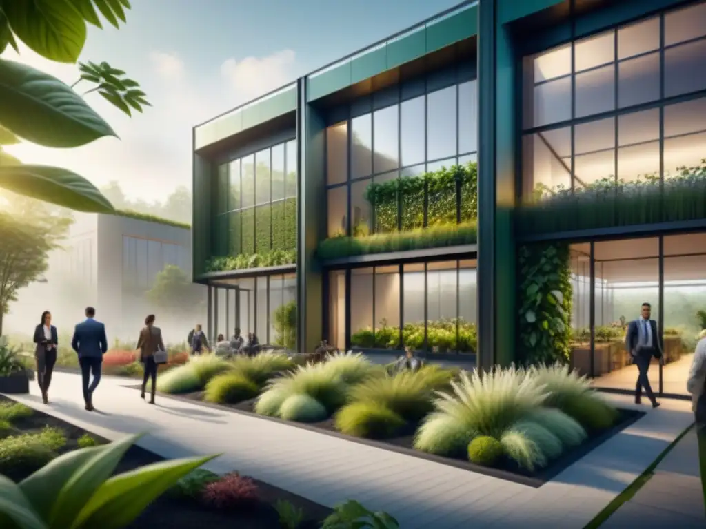 Diseño bioclimático en industria sustentable: edificio moderno integrado con naturaleza exuberante