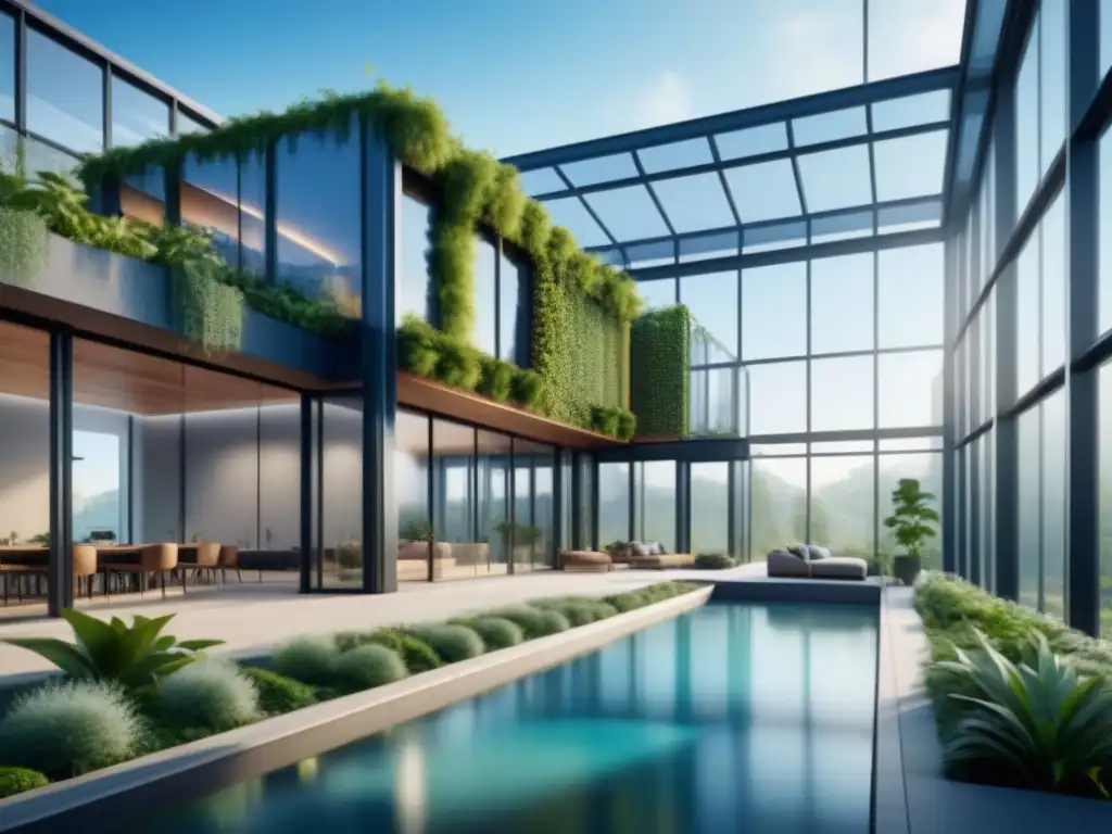 Diseño bioclimático en industrias sustentables: Edificio moderno integrado con la naturaleza, con paredes verdes y paneles solares