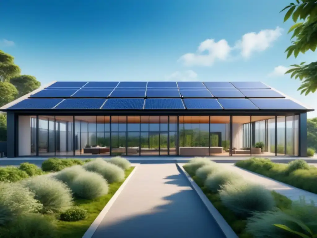 Diseño bioclimático en industrias sustentables: edificio moderno con paneles solares rodeado de vegetación y cielo azul