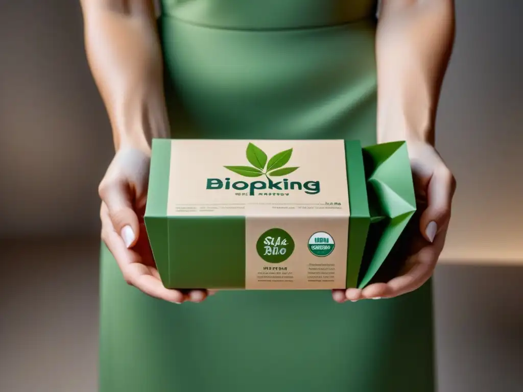 Un diseño de biopackaging sostenible alimentaria héroe con tonos terrosos y logo de hoja verde, mostrando su elegancia y naturaleza ecofriendly