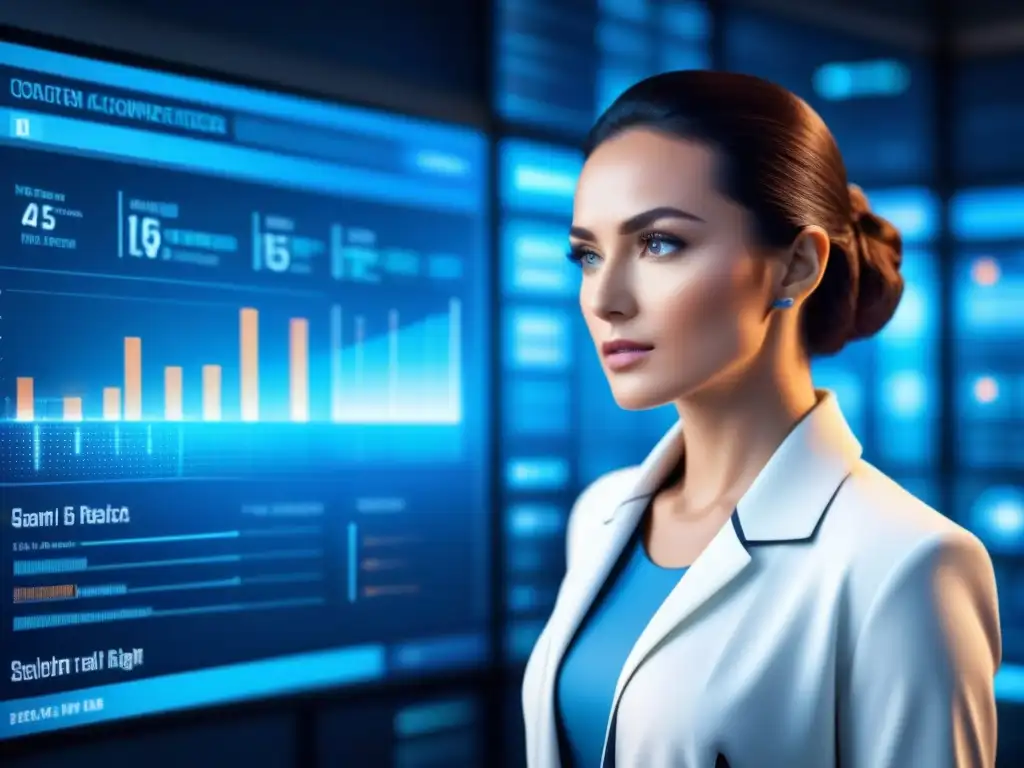 Un diseño digital futurista con datos analíticos de biometría en ensayos clínicos en tonos azules y blancos sofisticados