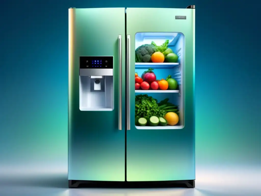 Un diseño futurista y ecoamigable de refrigerador, con frutas y verduras coloridas, integrando tecnologías de refrigeración sostenible