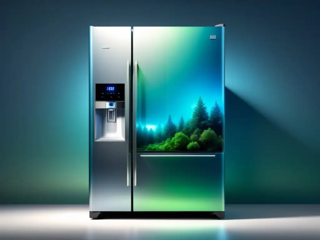 Un diseño futurista y ecológico de refrigerador con tecnología innovadora, líneas limpias y colores que simbolizan la sostenibilidad