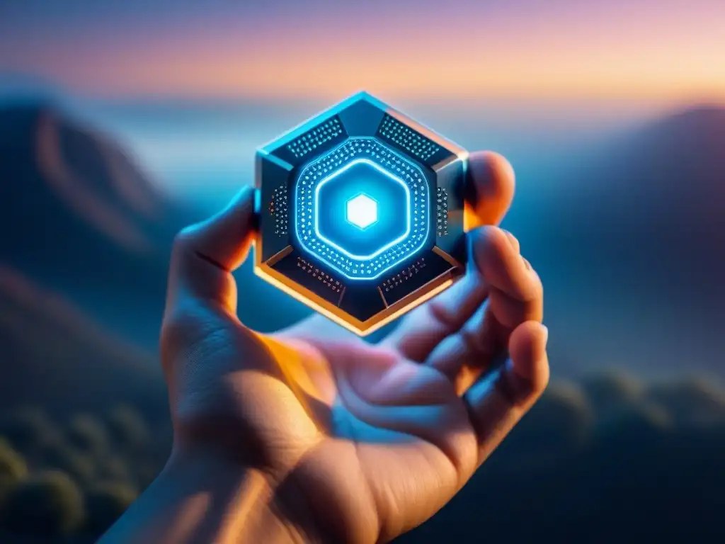 Microdispositivo futurista en mano elegante Un diseño futurista de microdispositivo sostenido en una mano, redefiniendo la experiencia del usuario