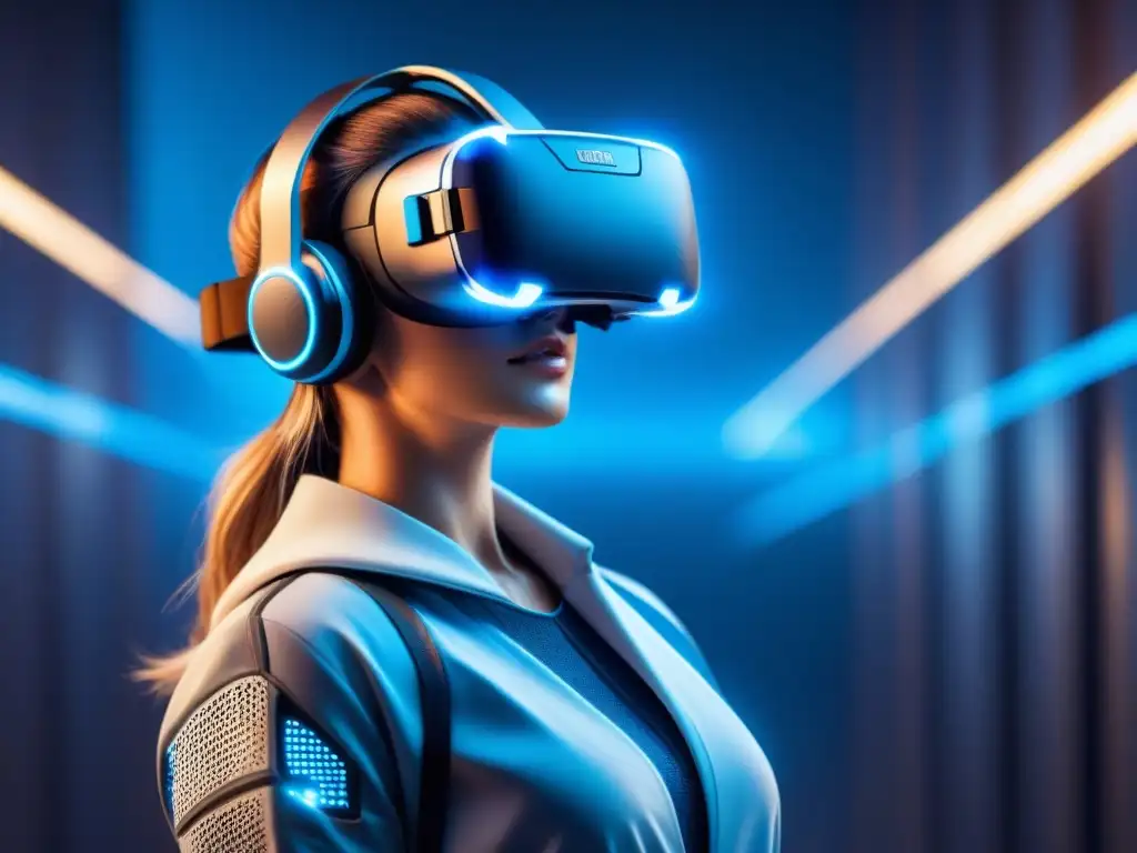 Un diseño futurista y minimalista de un auricular de realidad virtual con luces azules, rodeado de geometría digital