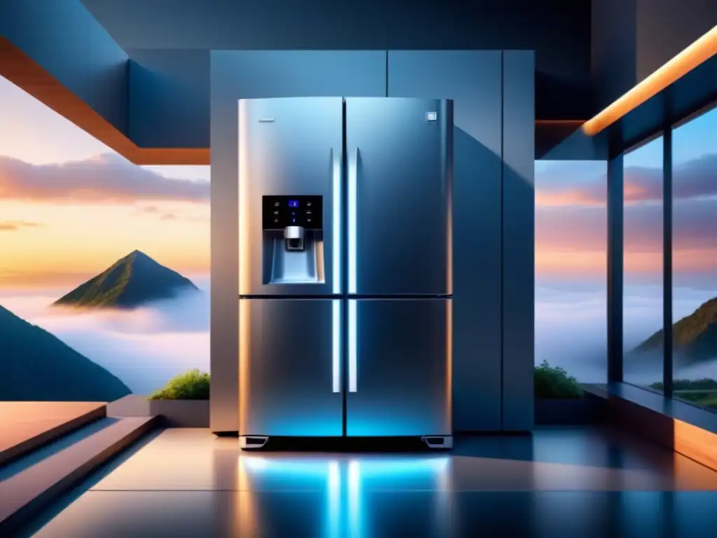 Un diseño futurista y sostenible de refrigerador con paneles solares y tecnología eficiente, destacando innovaciones en refrigeración sostenible