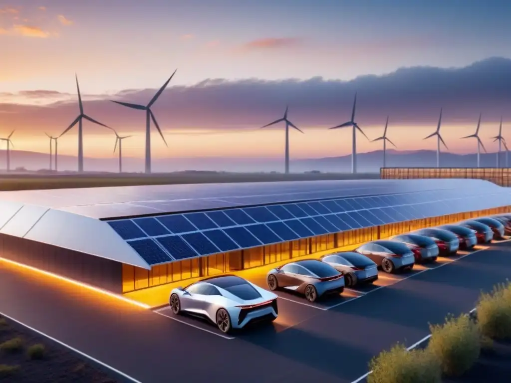 Un diseño industrial eficiente y energético: planta con paneles solares, turbinas eólicas y autos eléctricos cargando al atardecer