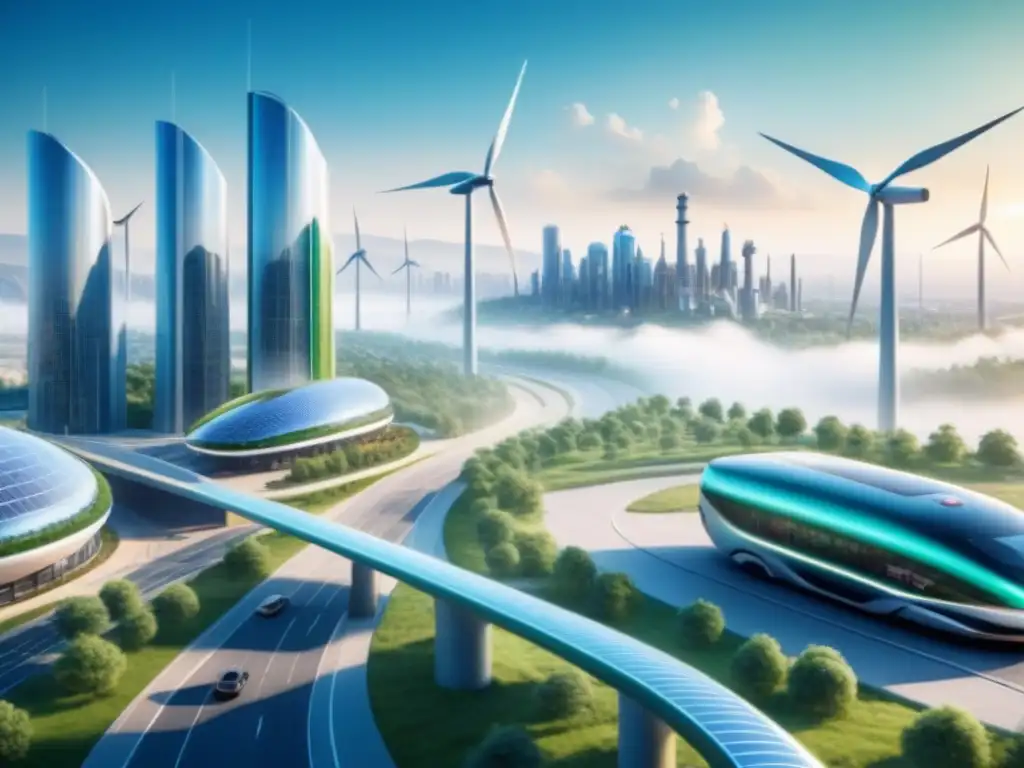 Diseño industrial futurista con estrategias para un futuro sostenible, incluyendo edificios verdes y tecnologías ecoamigables en una ciudad activa