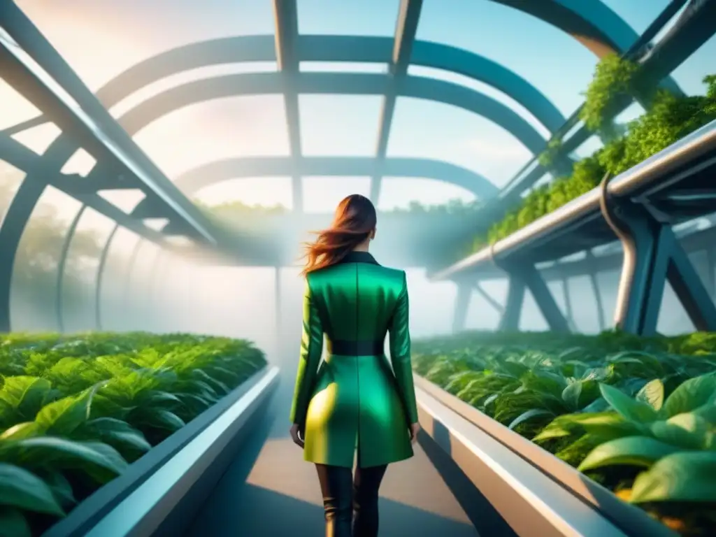 Diseño industrial futurista: estructuras metálicas y vegetación, simbolizando la fusión armoniosa de tecnología y naturaleza