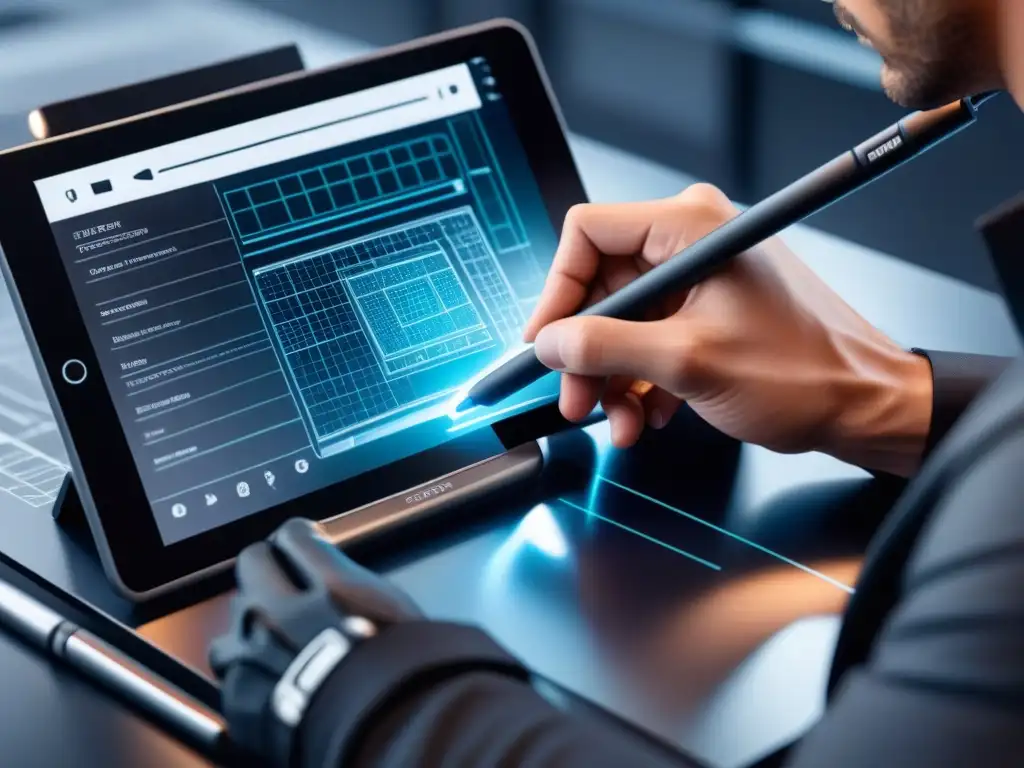 Un diseño industrial innovador: mano dibuja producto futurista en tablet, fusionando técnicas tradicionales y herramientas digitales