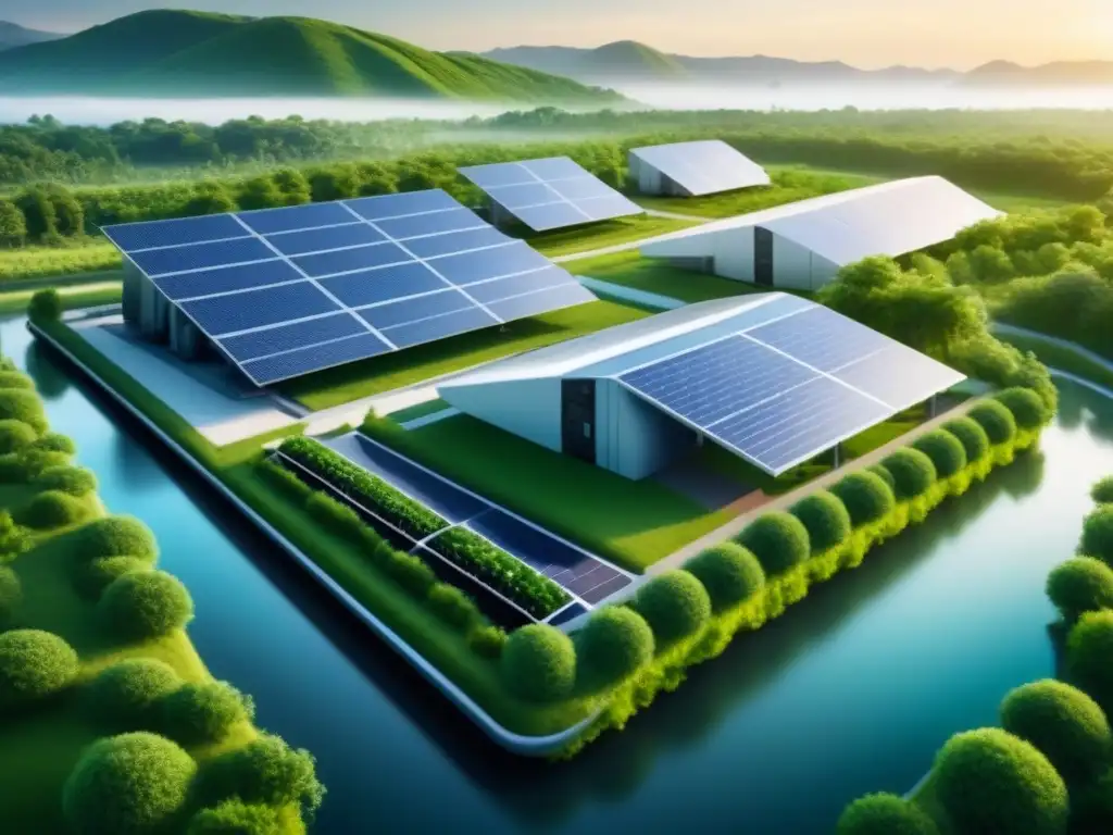 Un diseño industrial más verde: una planta futurista con paneles solares y turbinas eólicas, rodeada de vegetación exuberante