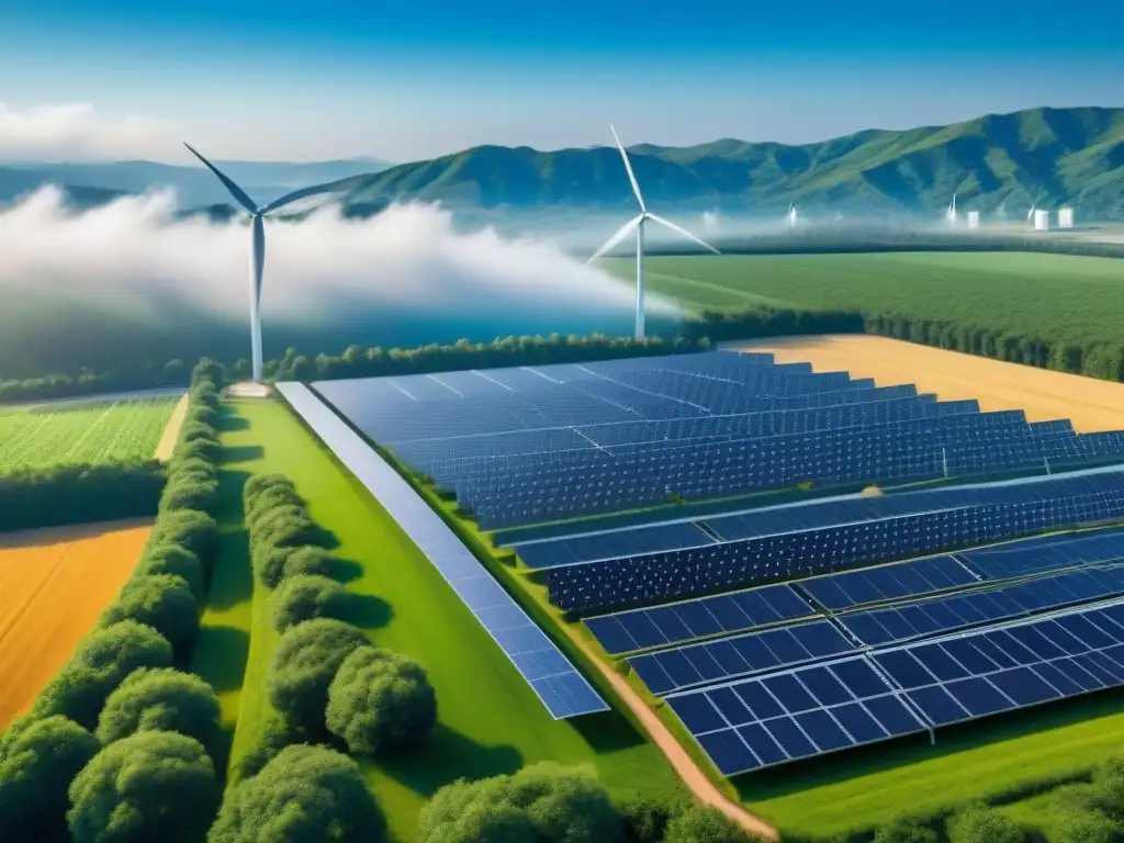 Diseño industrial más verde: Planta moderna con paneles solares y turbinas eólicas entre naturaleza y cielo azul