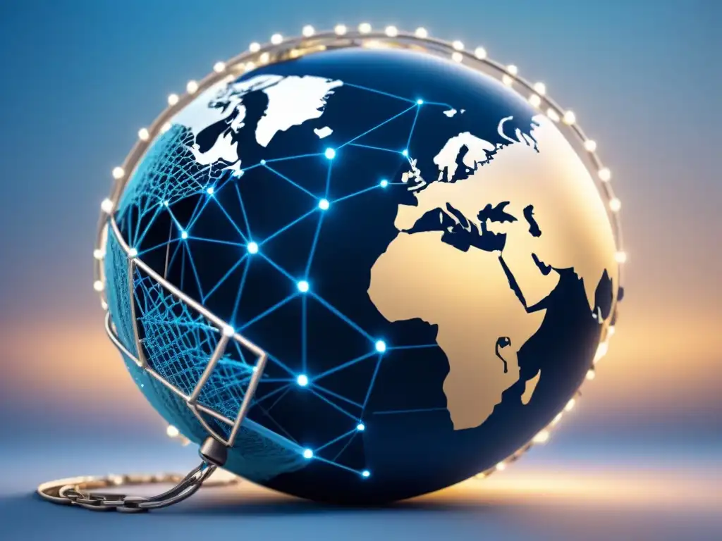 La revolución del blockchain en el comercio global Un diseño minimalista y elegante de un globo terráqueo entrelazado con cadenas digitales blockchain, simbolizando el impacto transformador de la tecnología blockchain en el comercio internacional
