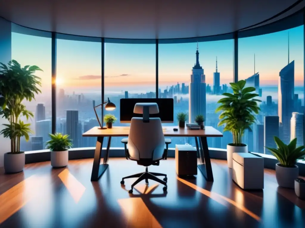 Oficina futurista con vista panorámica de la ciudad Diseño moderno de oficina futurista con vista a la ciudad, escritorio minimalista y plantas verdes