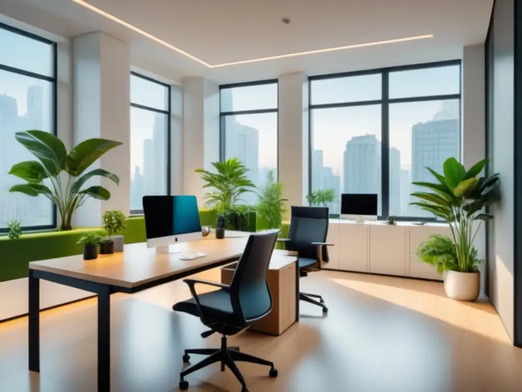 Diseño de oficinas inspiradoras con muebles minimalistas y plantas verdes, iluminado por luz natural