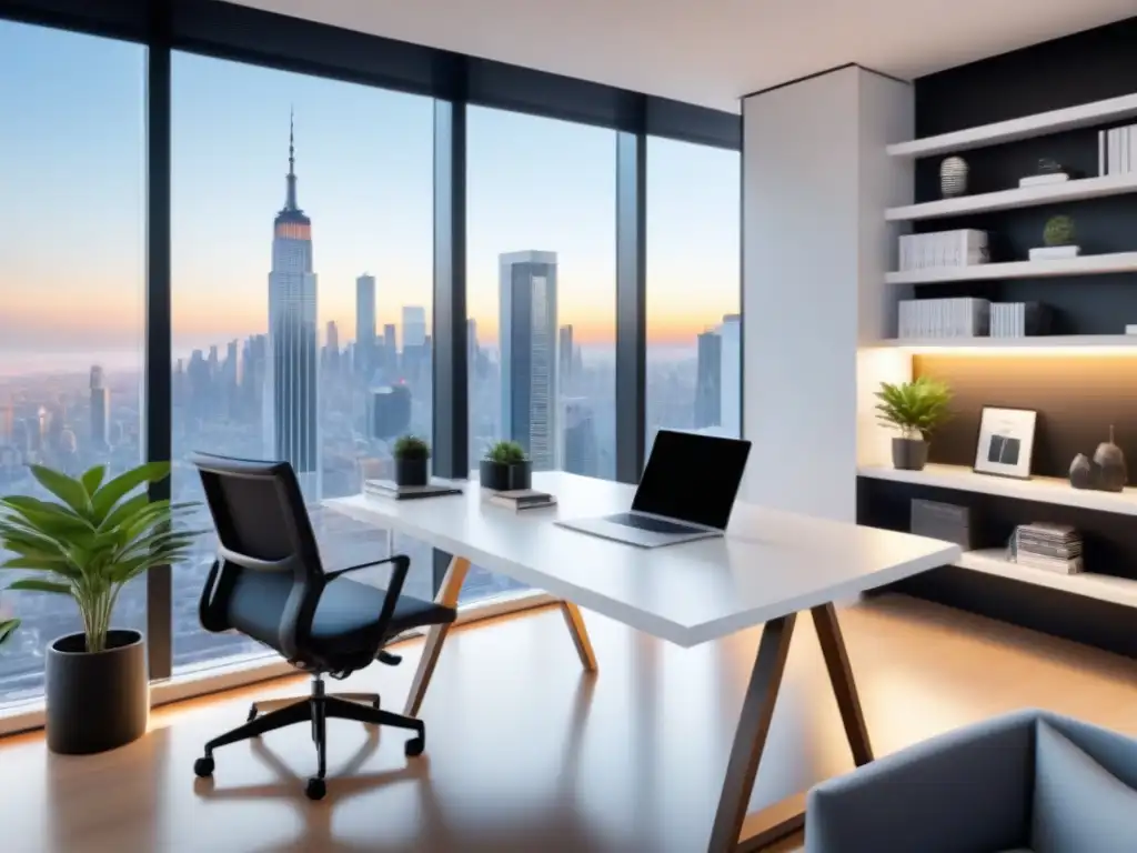 Diseño de oficinas inspiradoras con vistas a la ciudad, mobiliario moderno, plantas y decoración minimalista en un espacio luminoso