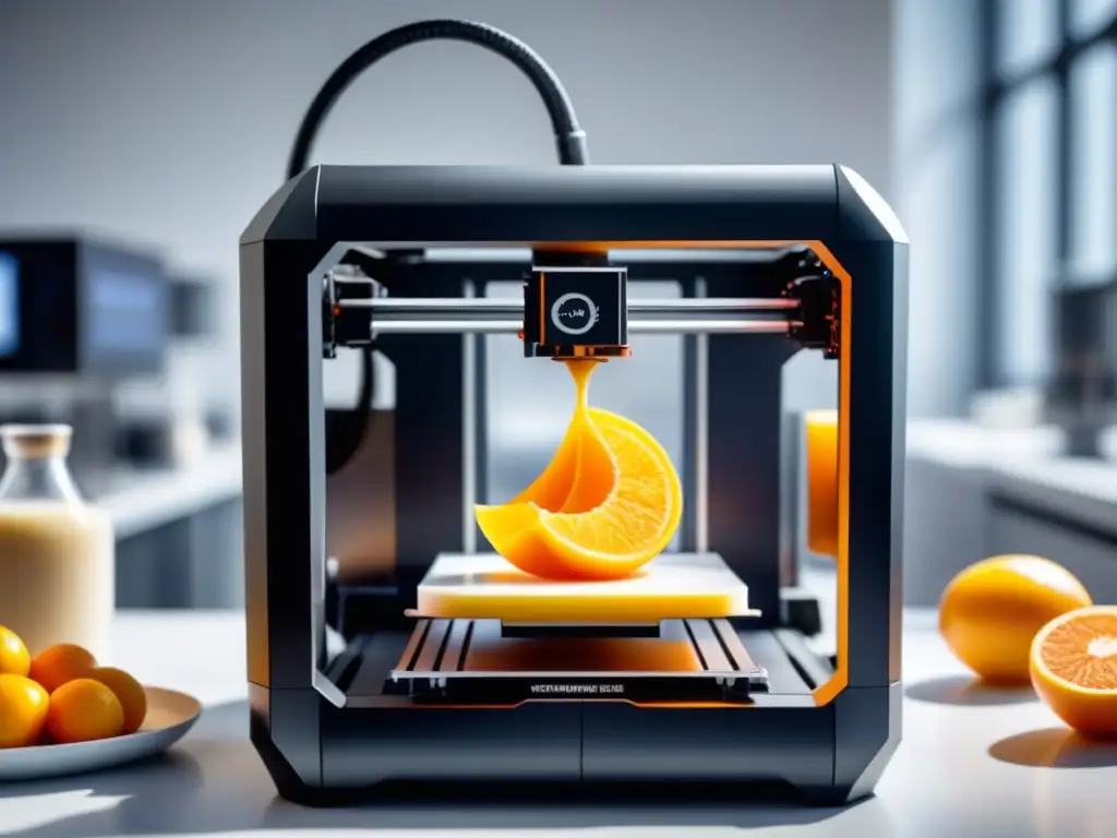 Innovación en impresión 3D alimentaria: 3D printer creando diseños de comida precisos y delicados en un ambiente futurista