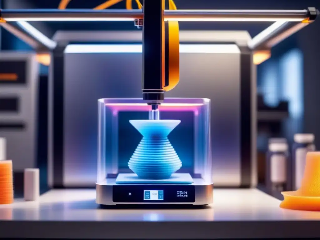 Impresión 3D moda diseños personalizados: 3D printer creando moda futurista con luz ambiental