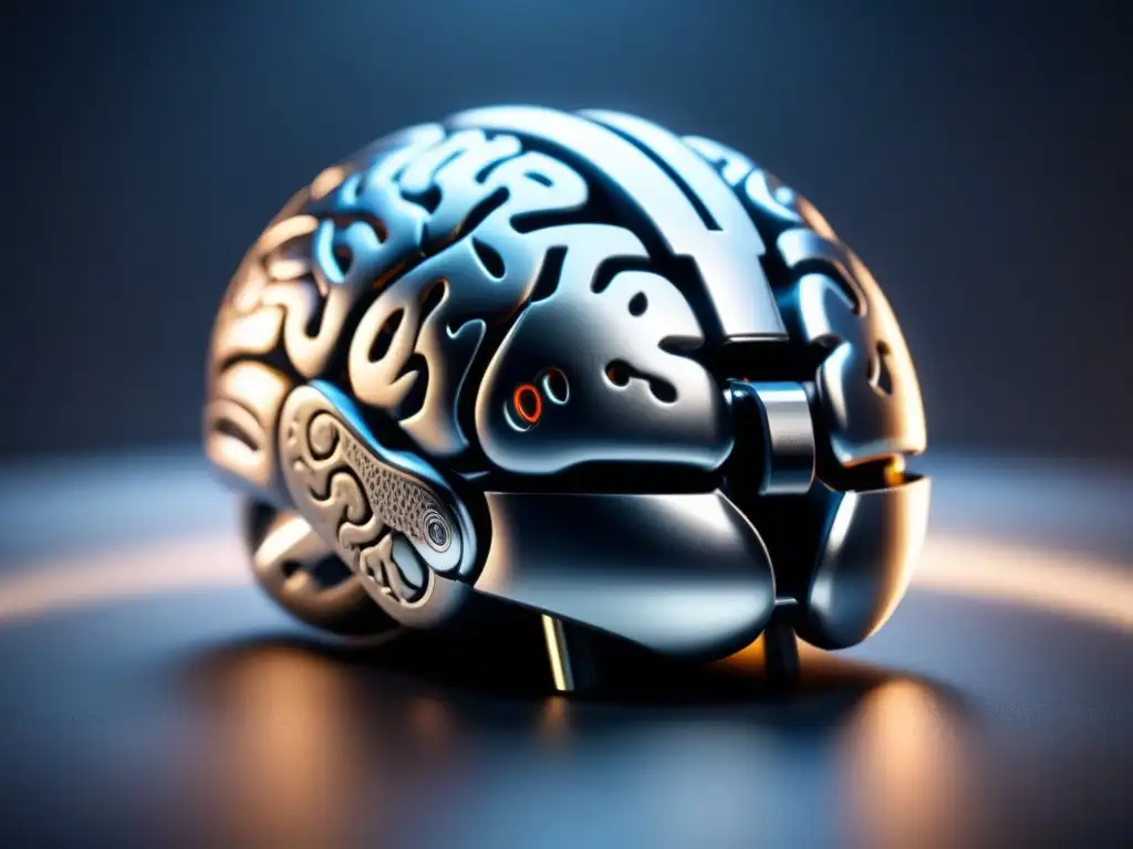 Un dispositivo cerebral plateado descansa sobre una superficie negra mate, con patrones de redes neuronales y luces brillantes