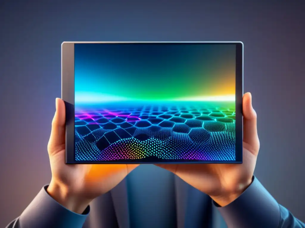 Un dispositivo electrónico flexible de grafeno con colores vibrantes y circuitos intrincados, simbolizando las aplicaciones revolucionarias del grafeno en tecnología