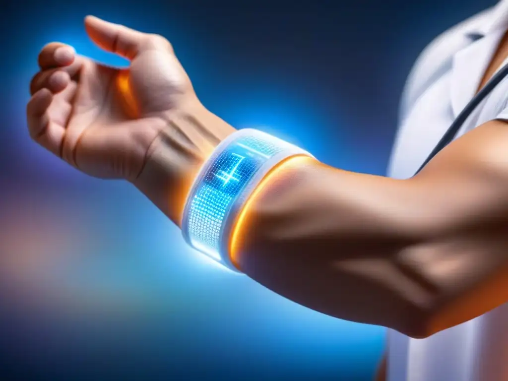 Un dispositivo electrónico flexible en medicina, integrado en el brazo humano mostrando signos vitales en una pantalla futurista