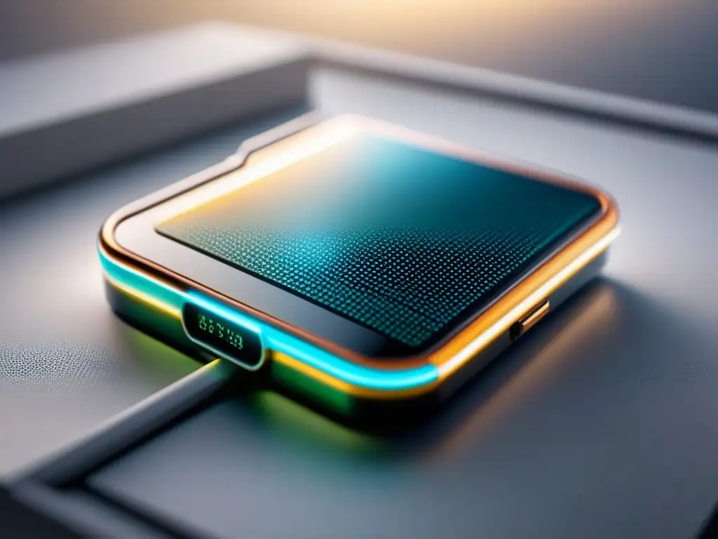 Un dispositivo electrónico impreso futurista con patrones de circuitos visibles bajo una capa transparente, destacando durabilidad