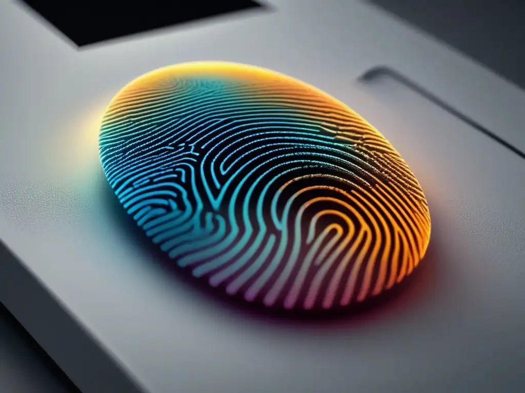Un dispositivo de escaneo de huellas digitales moderno, con patrones de datos en pantalla, sobre fondo blanco iluminado y natural