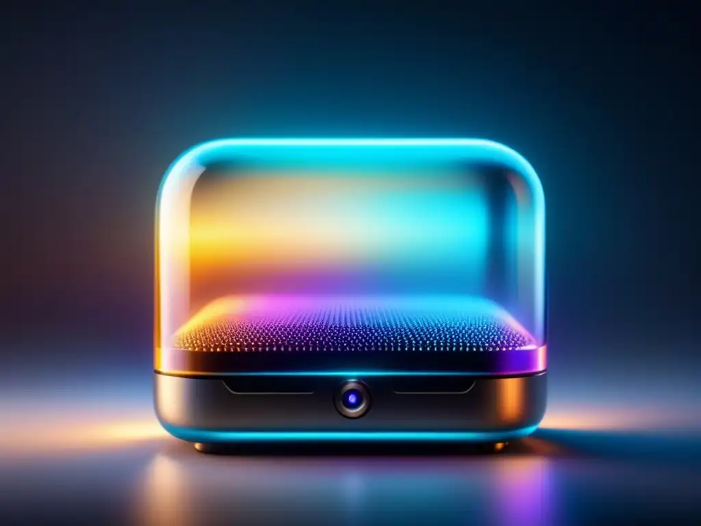 Dispositivo electrónico futurista con nanotubos iluminados en 8k Un dispositivo futurista con carcasa transparente revelando nanotubos iluminados, en un fondo oscuro