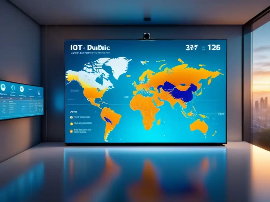 Un dispositivo IoT futurista muestra datos en pantalla transparente con mapa mundial de fondo, en vigilancia epidemiológica